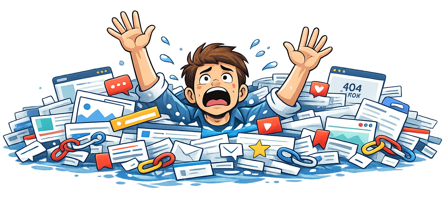 Illustration of digital overwhelm showing chaotic links and tabs